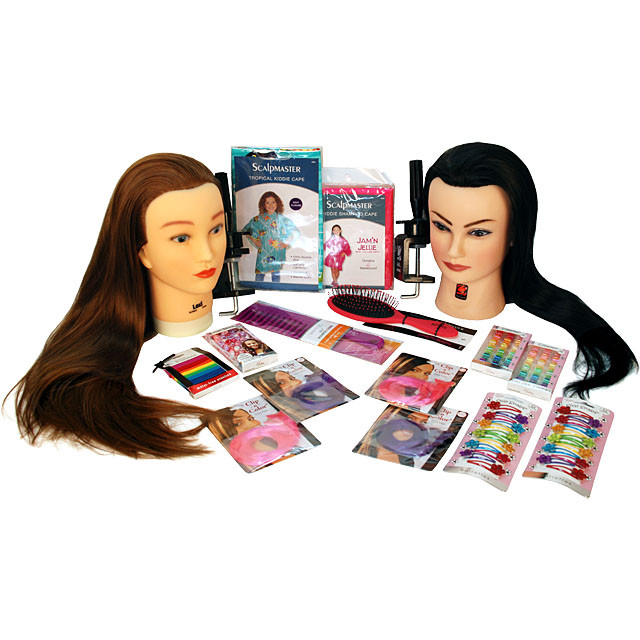 2-Doll Hair Updo Styling Kit for Children / Youth with Mannequin Heads